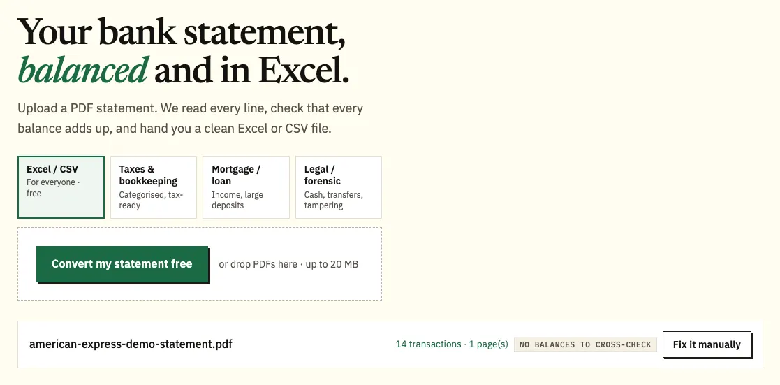 Uploading an American Express demo card statement PDF to the statement converter