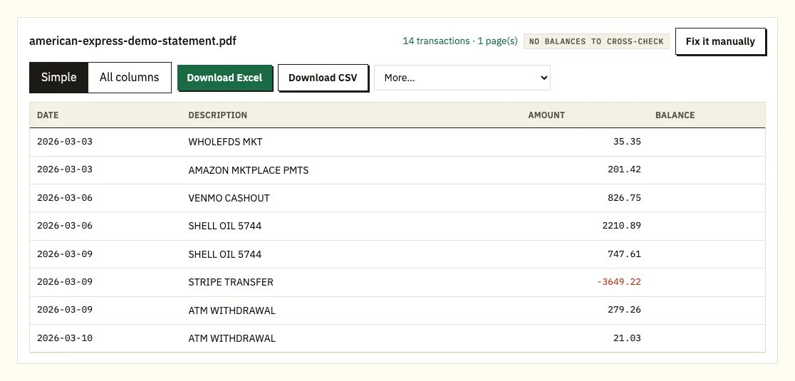 American Express demo charges as negative rows and payments as positive rows in the preview