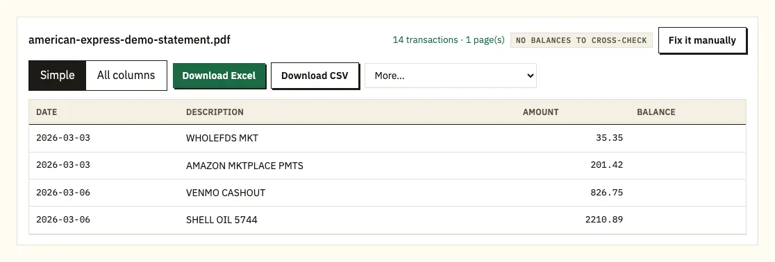 Download buttons for converted American Express demo card charges in Excel or CSV