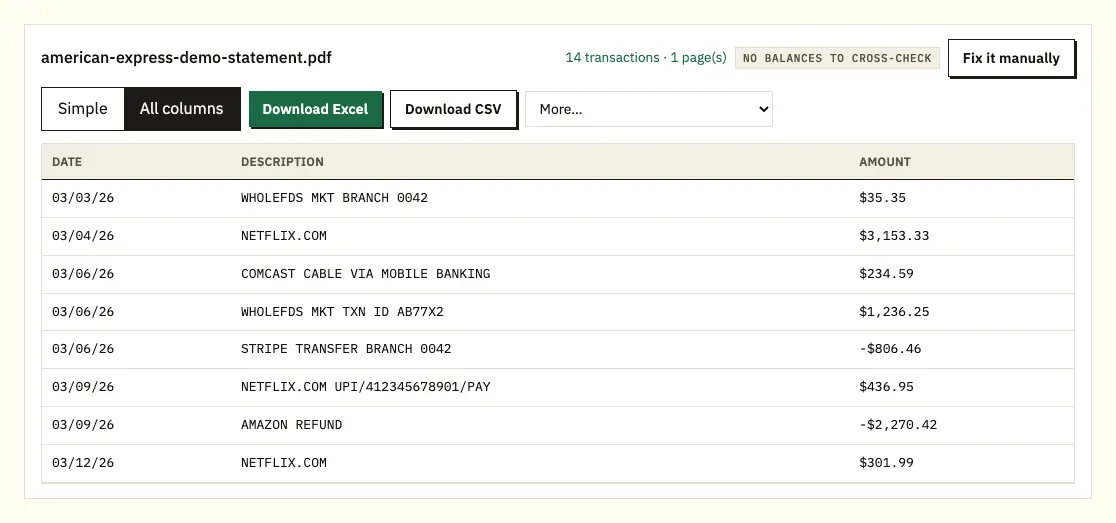 Converter merging a two-line American Express charge description into a single row