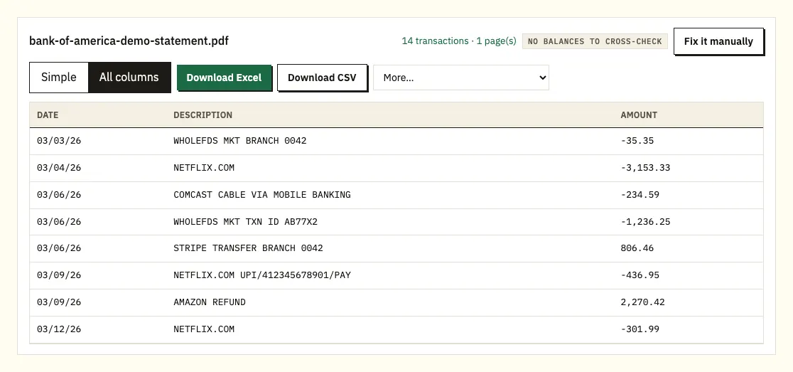 Converter joining a two-line Bank of America payment description into one row