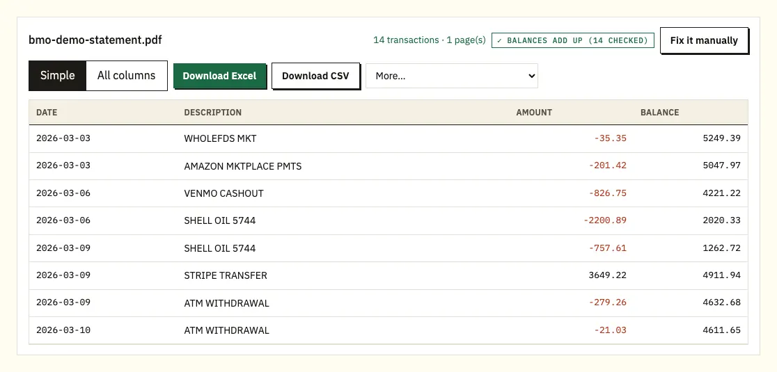 Converter flagging a BMO demo row whose printed running balance doesn't add up