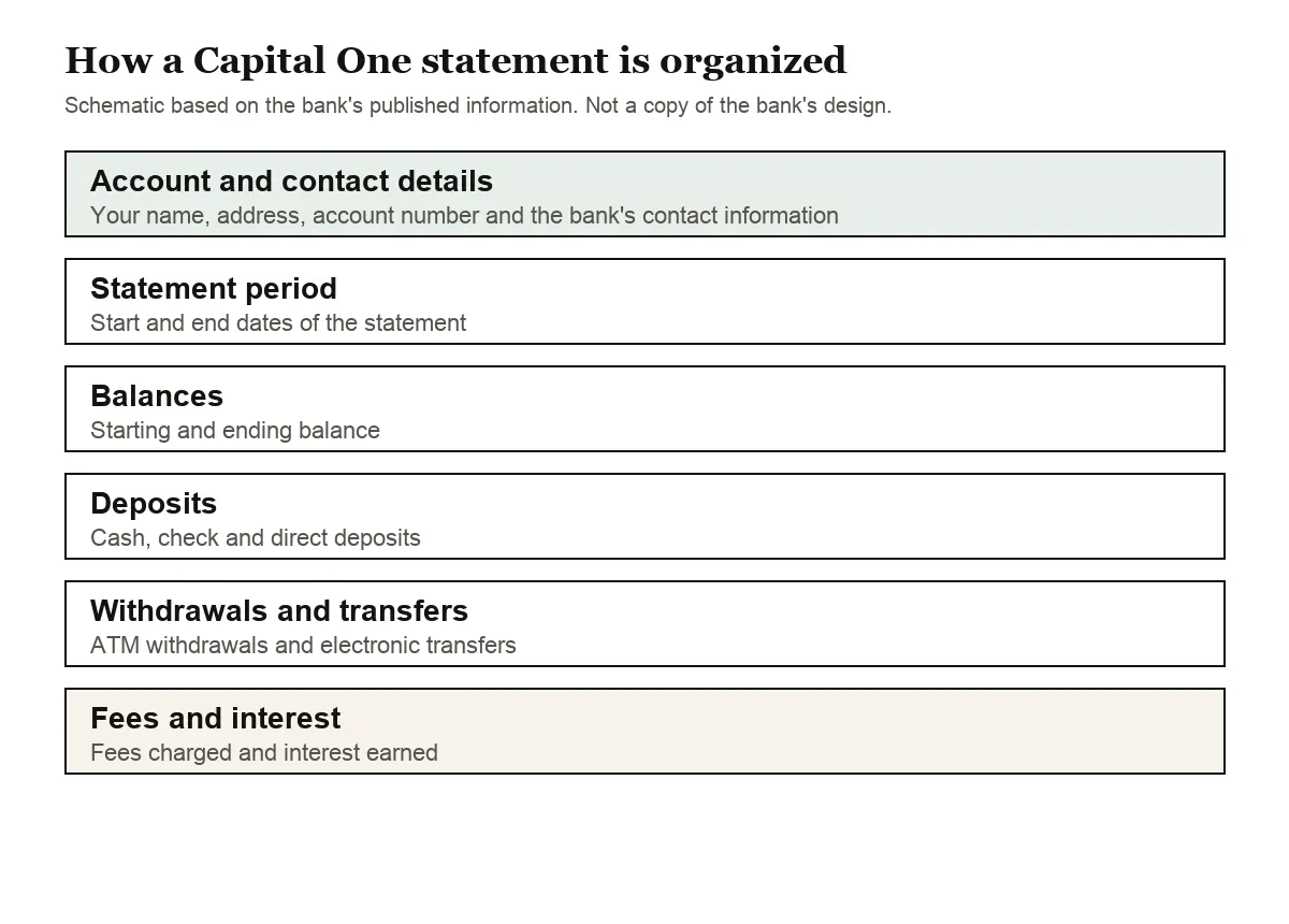 Diagram of what a Capital One bank statement lists, from balances to fees and interest