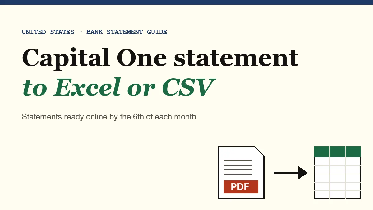 Capital One bank statement PDF turned into an Excel workbook, guide cover