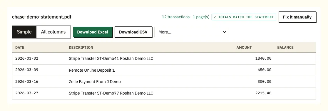 Chase demo transactions ready to download as an Excel or CSV file