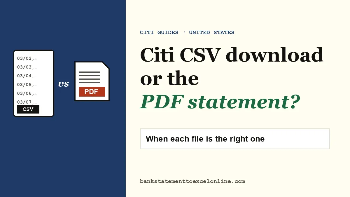 Cover for the Citi CSV vs PDF guide: a CSV file beside a PDF statement