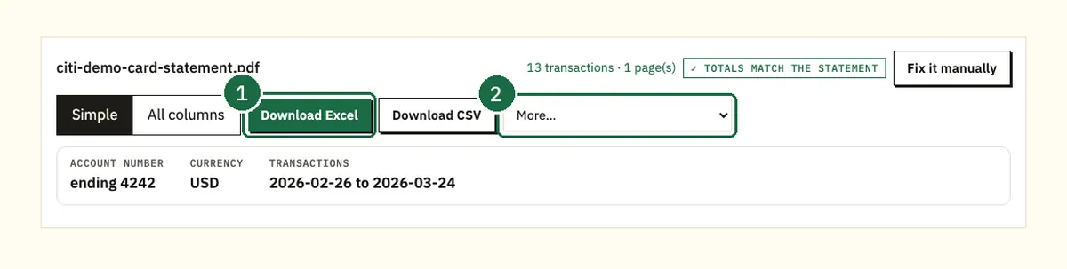 Converter download buttons for Excel and CSV with QuickBooks .qbo under More