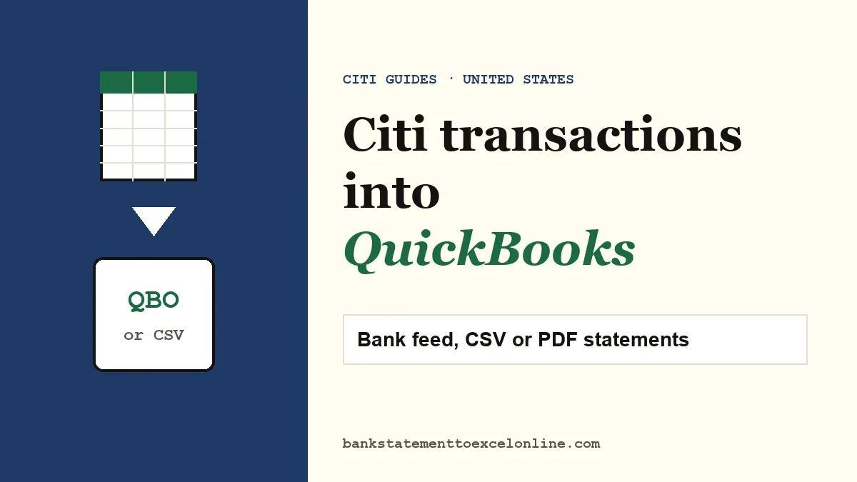 Cover for the Citi to QuickBooks guide: statement rows flowing into a ledger
