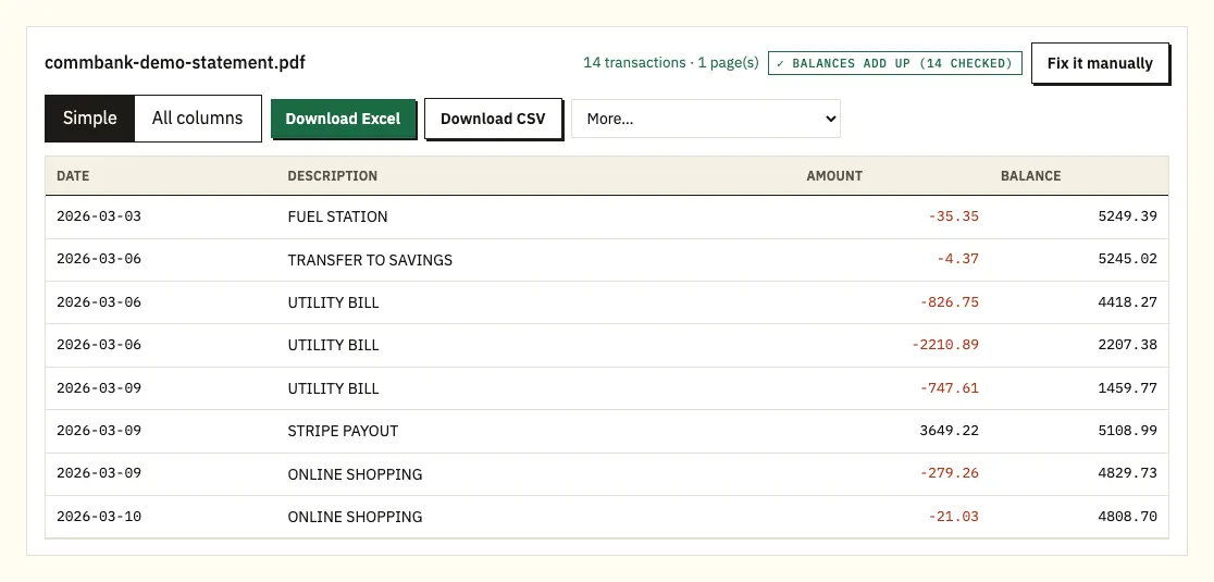CommBank demo transactions in the preview with each running balance checked
