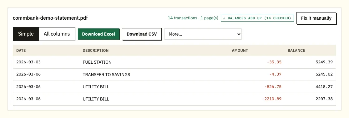 Converted CommBank demo transactions ready to save as a CSV or Excel file