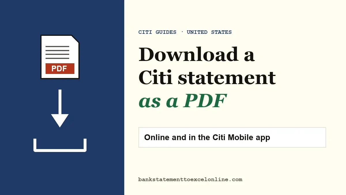 Cover for the Citi statement download guide: a PDF dropping into a downloads tray