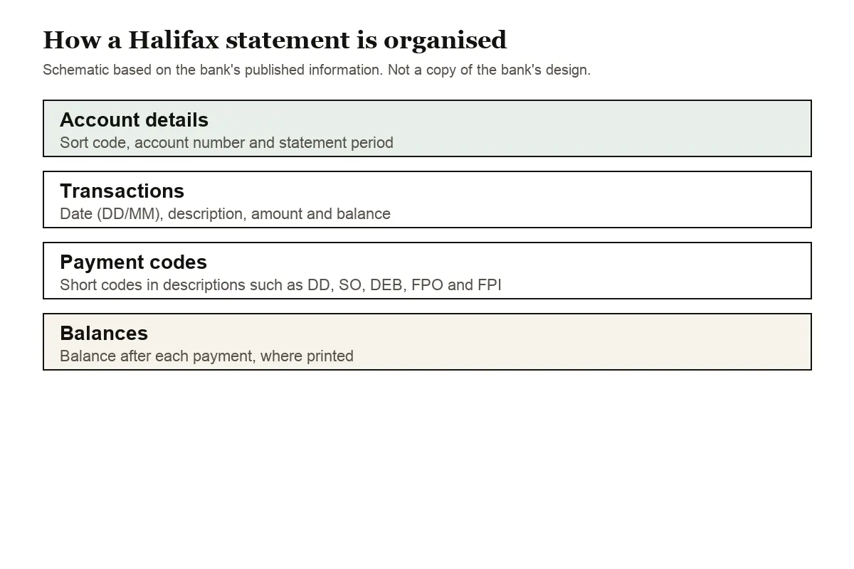 Diagram of the parts of a Halifax current account statement, with payment codes