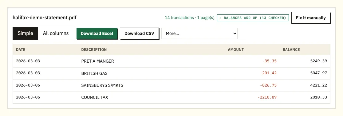 Download buttons for Halifax demo transactions as an Excel or CSV file