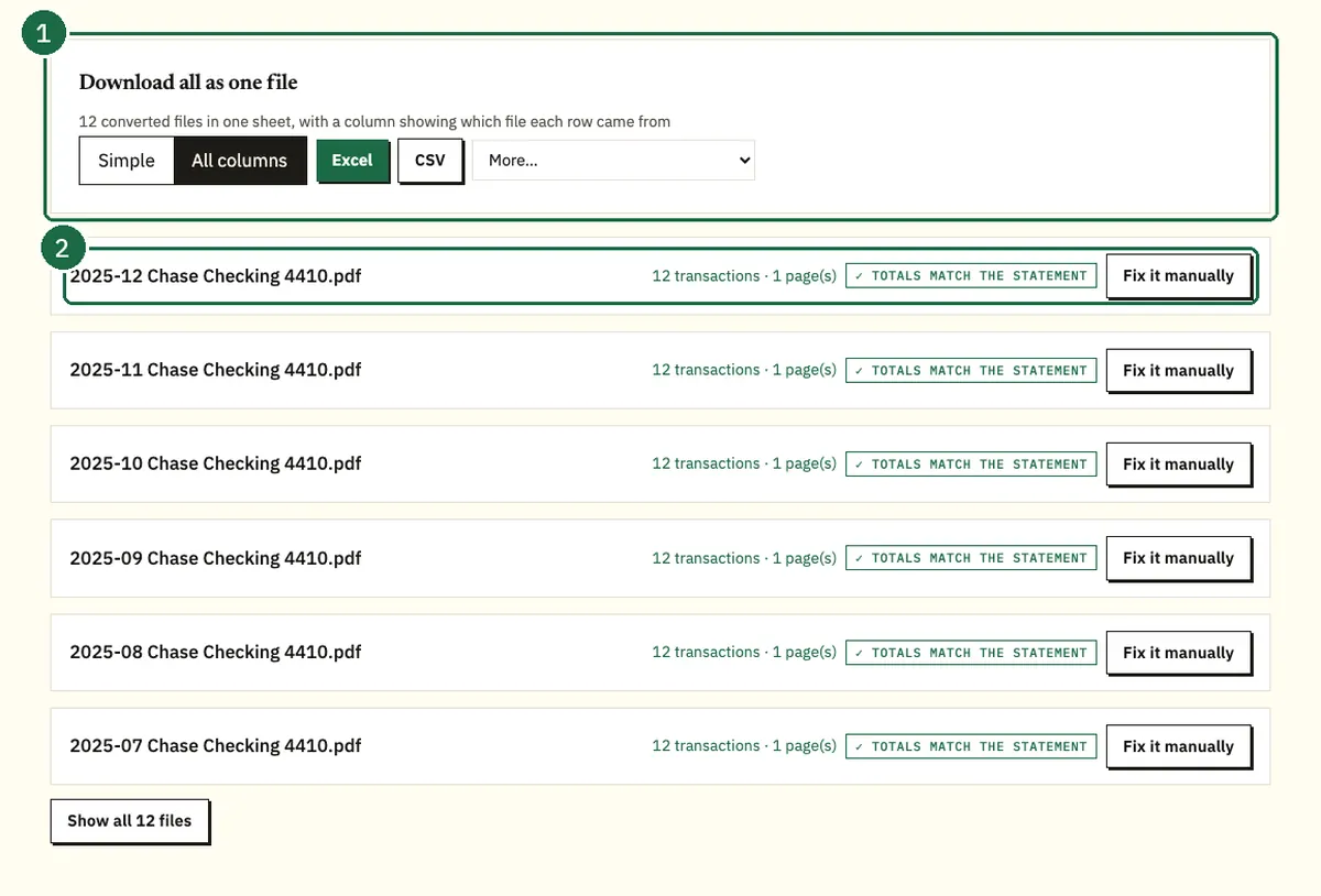 Twelve monthly Chase demo statements from 2025 added to the converter in one upload