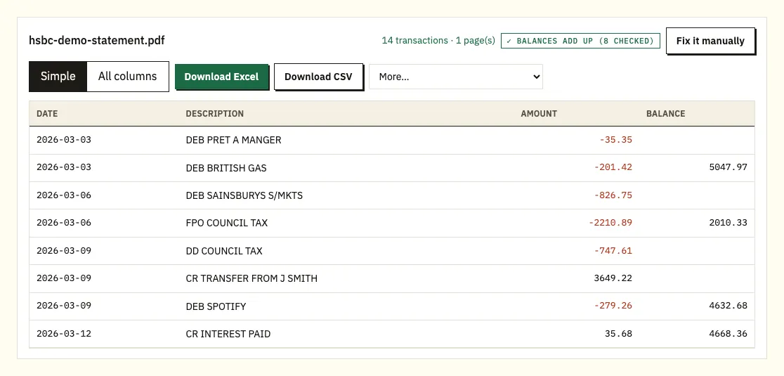 HSBC UK demo transactions in the preview with running balances checked row by row