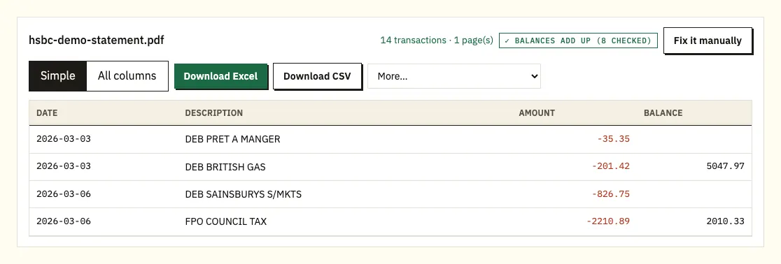 Converted HSBC UK demo transactions ready to download as Excel or CSV