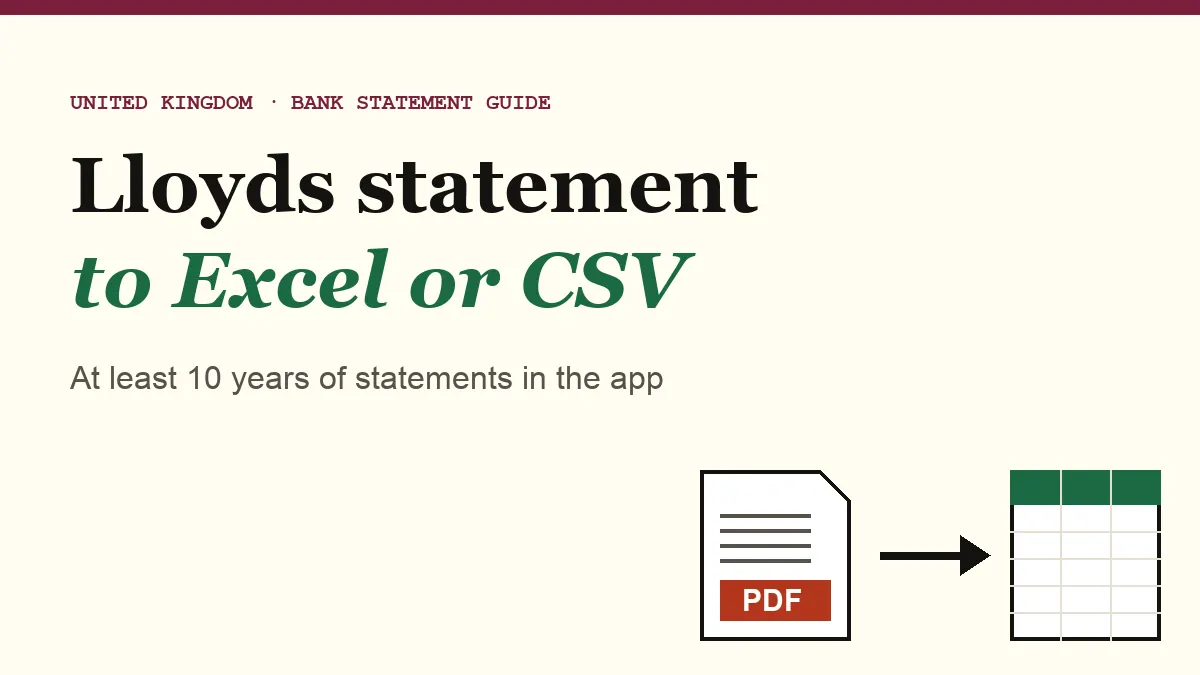 Lloyds Bank current account statement PDF converted into an Excel workbook, guide cover