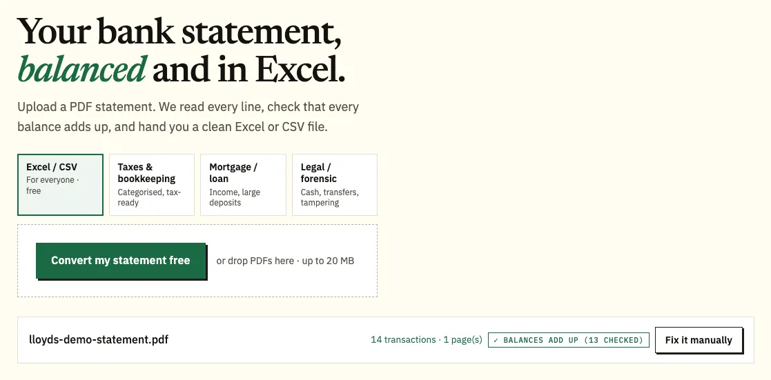 Uploading a Lloyds demo statement PDF saved from the app into the converter