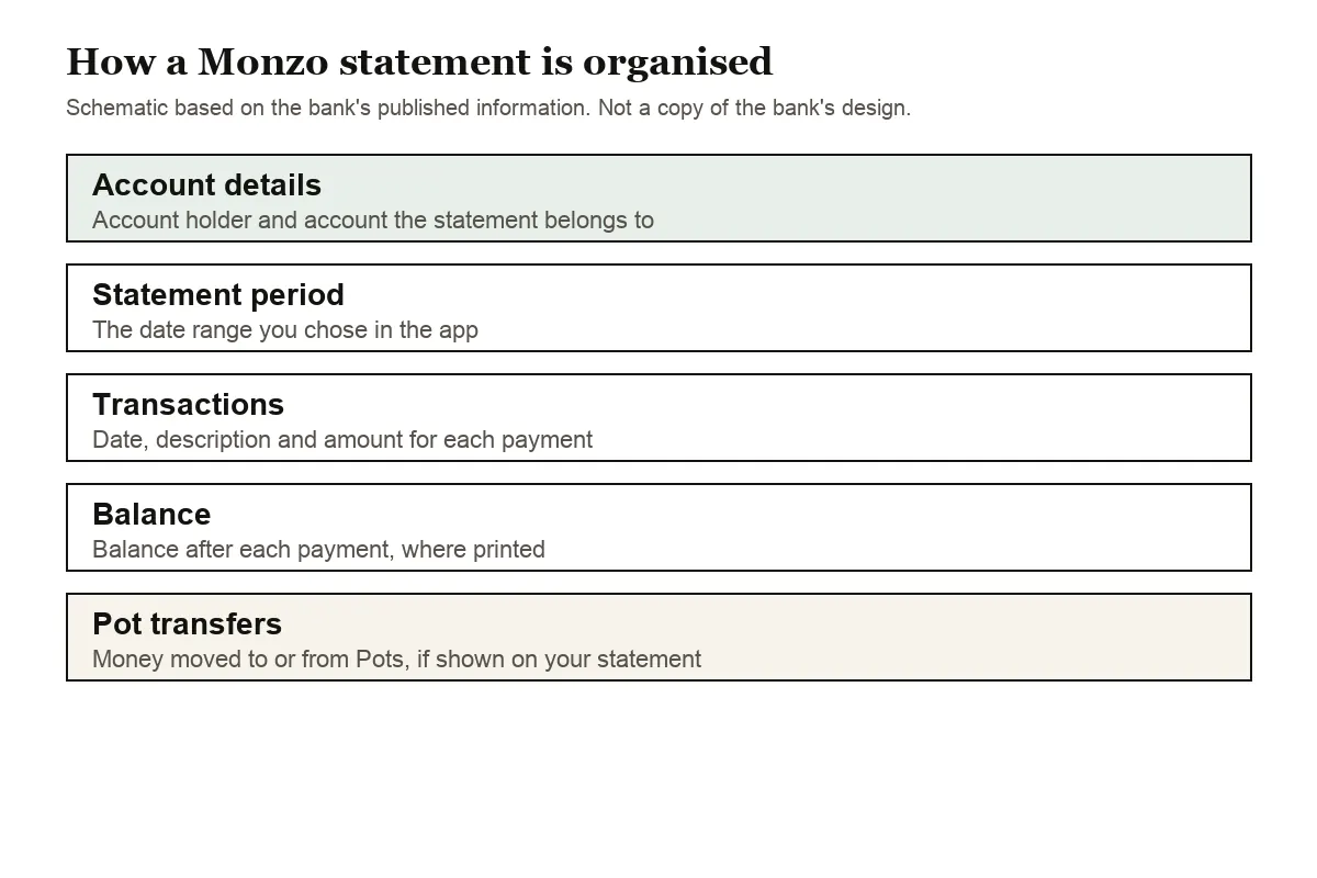 Diagram of the parts of a Monzo current account statement PDF
