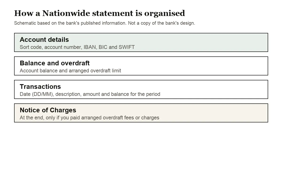 Diagram of a Nationwide current account statement, from account details to Notice of Charges