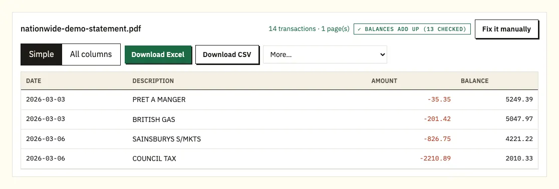 Nationwide demo transactions converted and ready to save as Excel or CSV