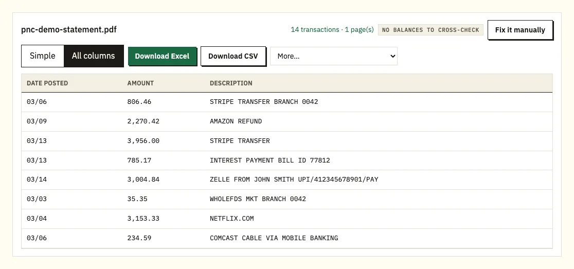 Converter joining a PNC payment description that wraps onto two lines into one row