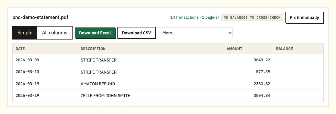PNC demo transactions ready to save as an Excel workbook or CSV file