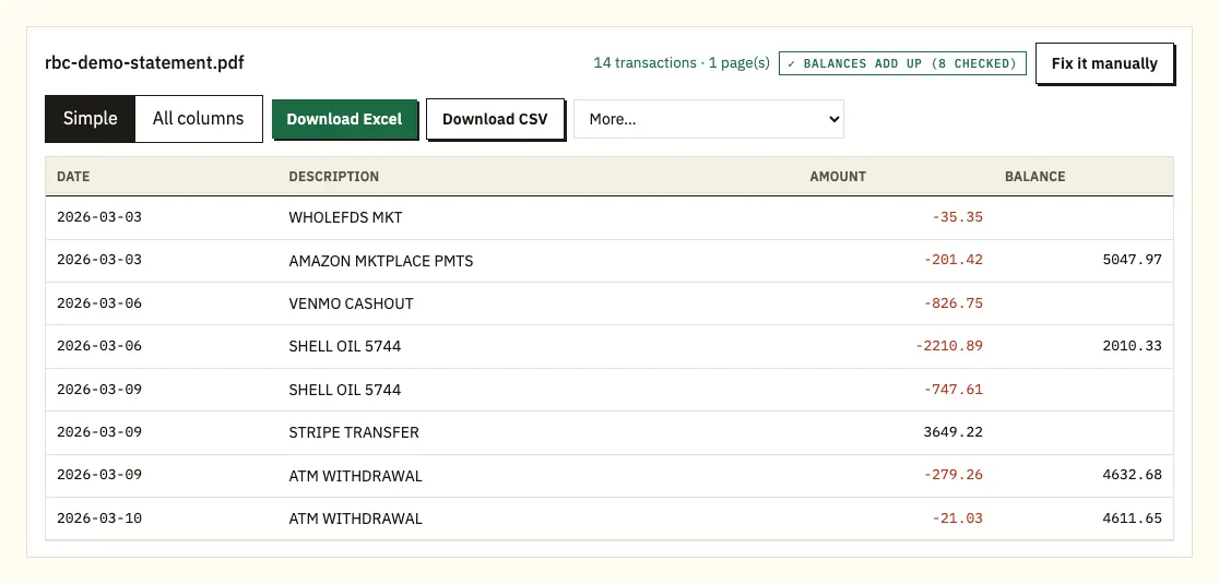 RBC demo chequing transactions in the preview with running balances checked
