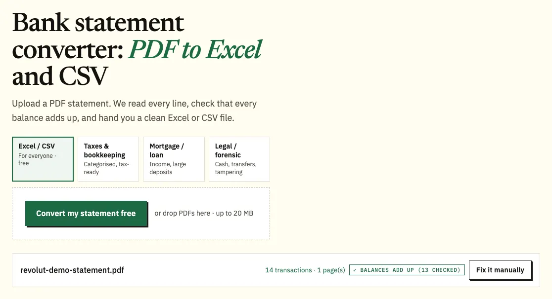 Revolut demo statement PDF being dropped into the converter's upload area