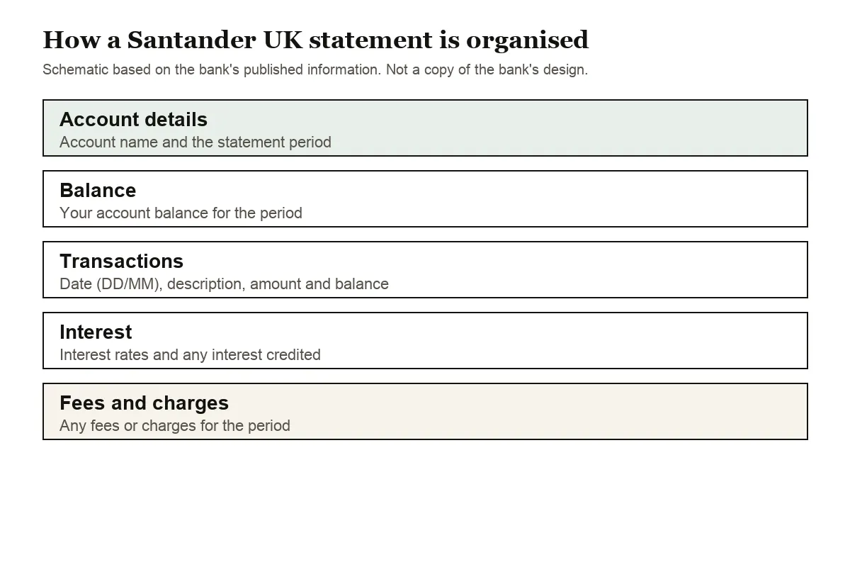 Diagram of the parts of a Santander UK current account statement
