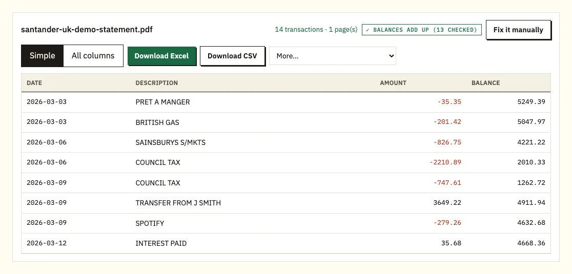 Santander UK demo transactions in the preview with running balances checked