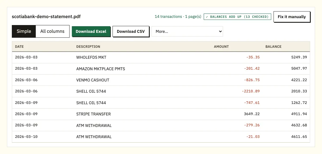 Scotiabank demo statement rows in the preview with each printed balance checked
