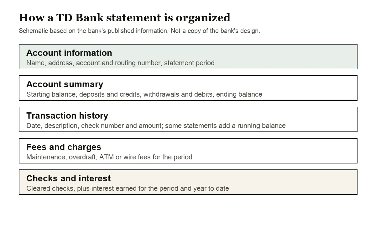 Diagram of summary, account details and transaction sections on a TD Bank statement
