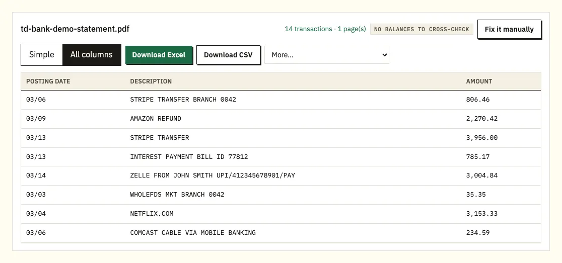 Converter merging a wrapped two-line TD Bank payment description into a single row