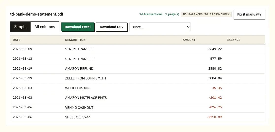 TD Bank demo rows in the preview with each printed balance checked