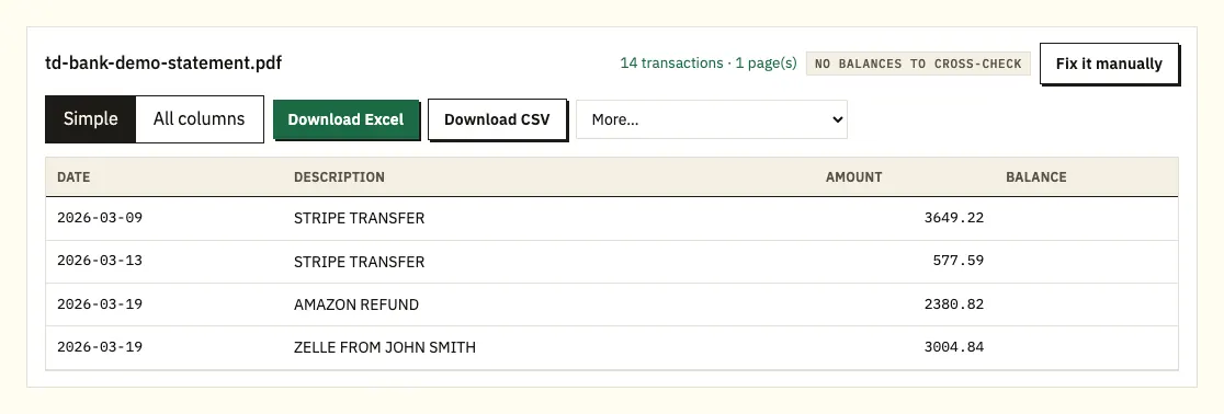 Download options for converted TD Bank demo transactions in Excel or CSV