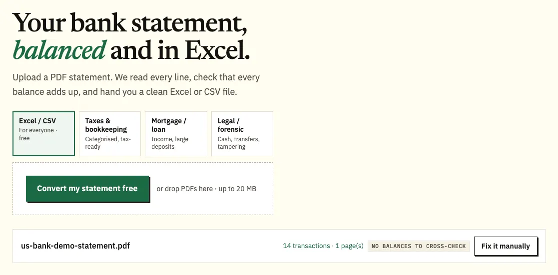 Placing a U.S. Bank demo e-statement PDF in the converter's upload area