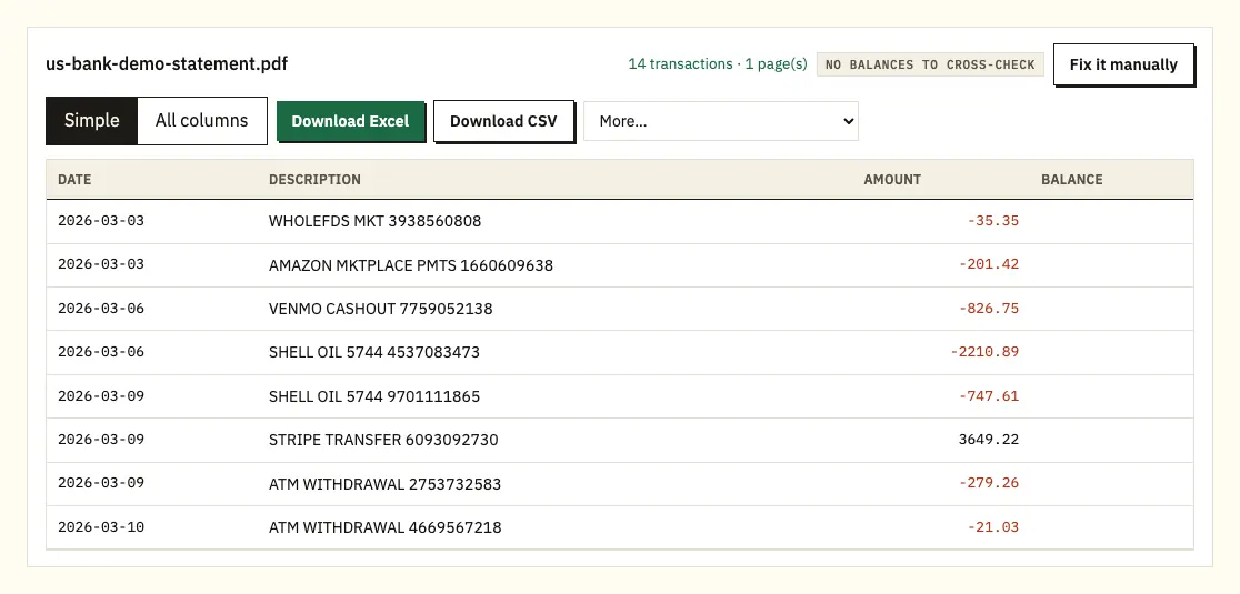U.S. Bank demo checking rows in the preview after the balance check