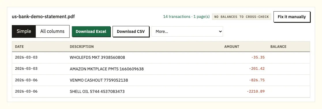 Converted U.S. Bank demo checking transactions with Excel and CSV download choices