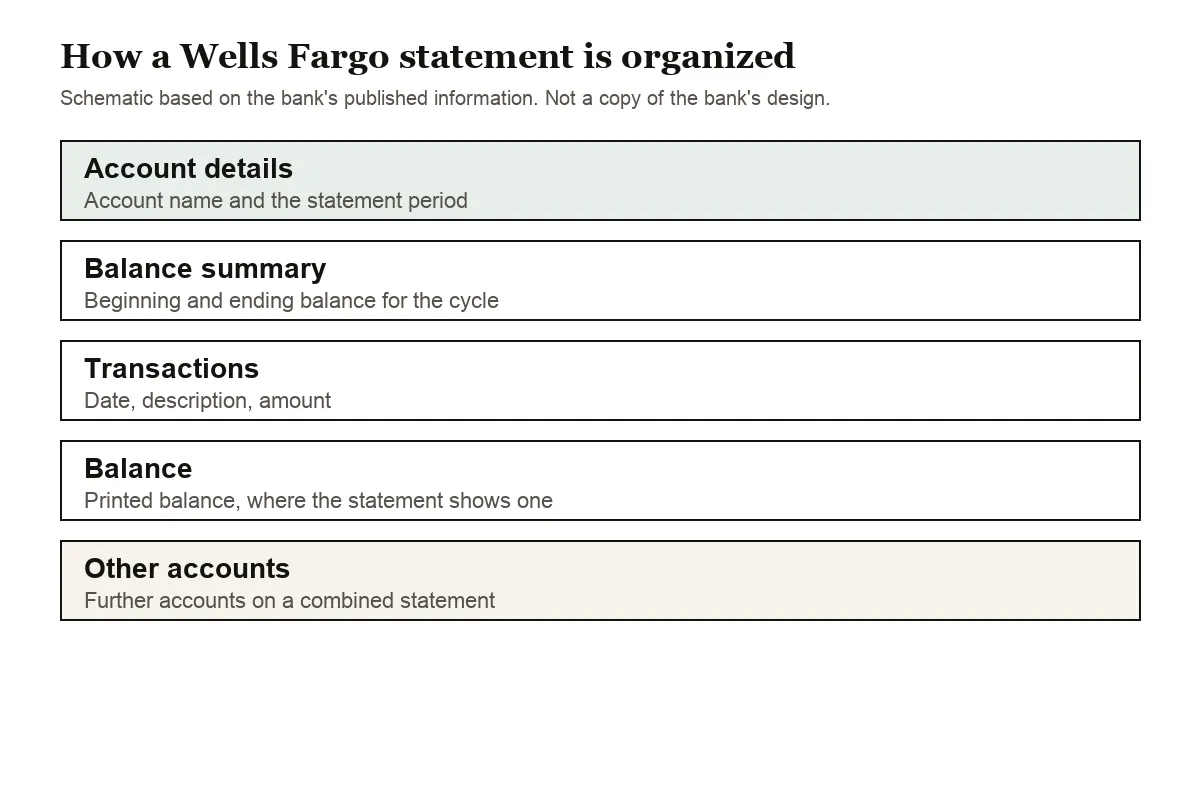 Schematic of the parts the converter reads on a Wells Fargo checking statement