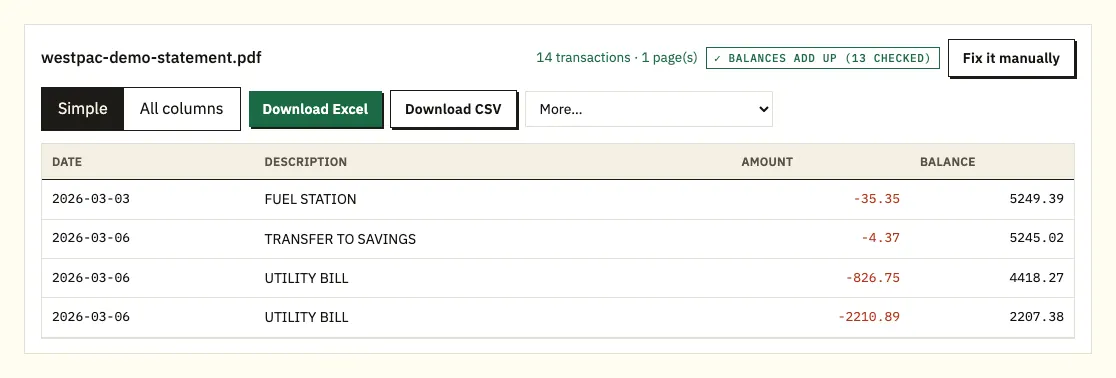 Saving converted Westpac demo transactions as a CSV file from the download buttons