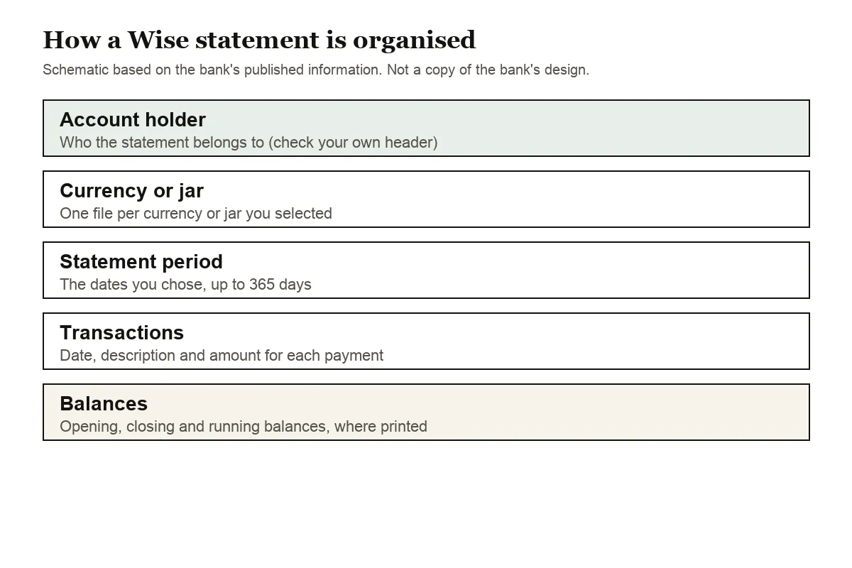 General diagram of the parts of a Wise currency balance statement PDF