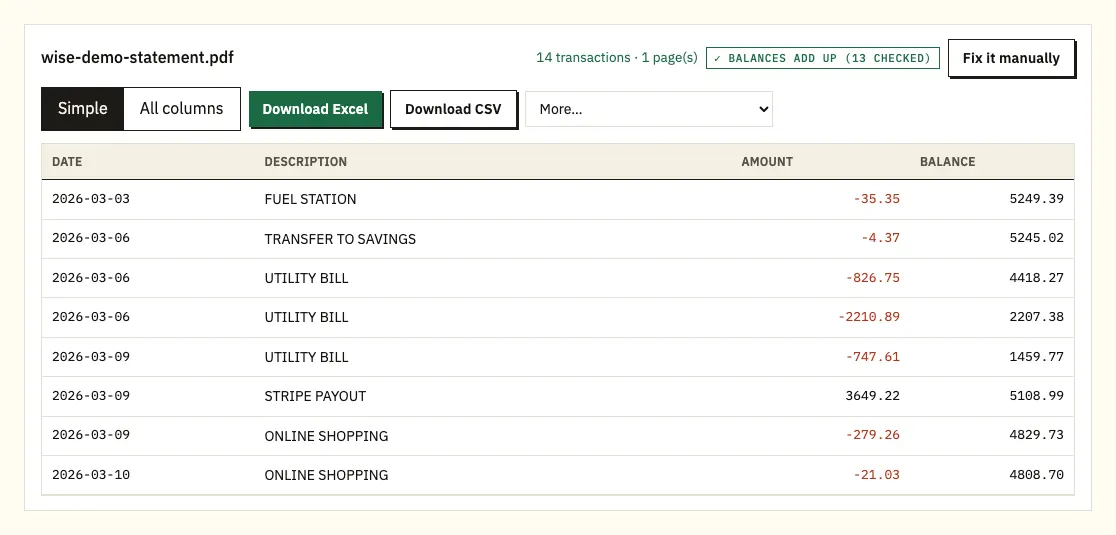 Wise demo transactions in the preview with every balance compared to the row above